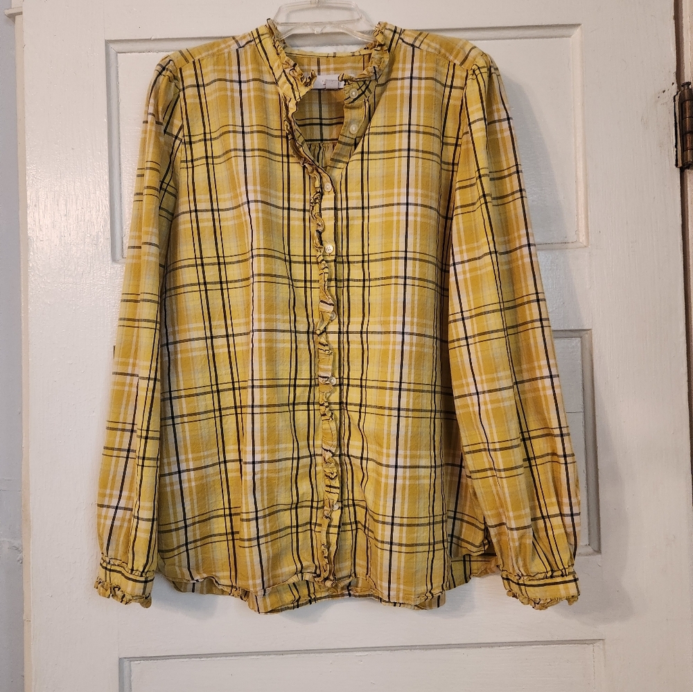 Ann Taylor LOFT Blouse, Yellow & Black Plaid Button Down Ruffle EUC Fall Sz L